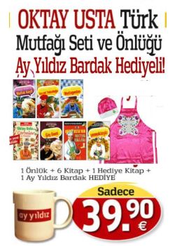Oktay Usta Kelebek Modeli Önlüğü ve  Türk Mutfağı Seti  (1 Önlük + 7 Kitap + 1 Ay Yıldız Bardak)
